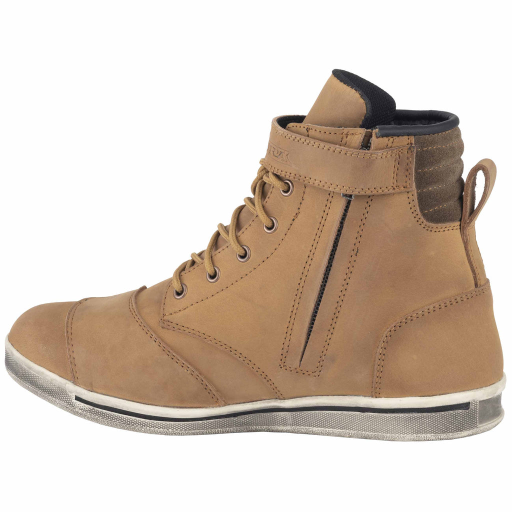 Lusso tan leather motorcycle boots - side view showing zip